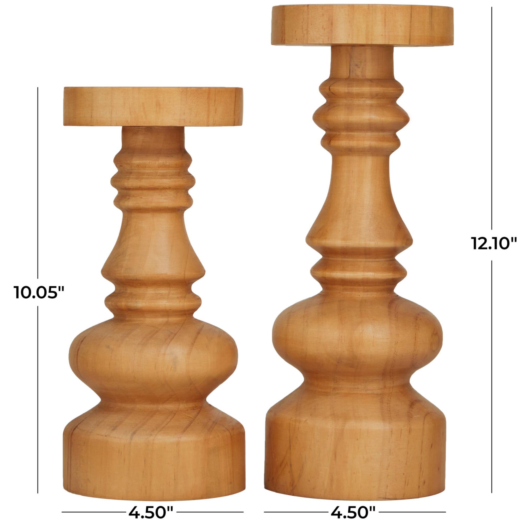 Brown Wood Round Turned Style Pillar Candle Holder Set